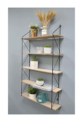 spot on dealz® 5 Tier Modern Black floating decorative hanging shelves with MDF Oak wood and metal wire frame bookshelves industrial wall mounted display shelving unit, Living Room furniture