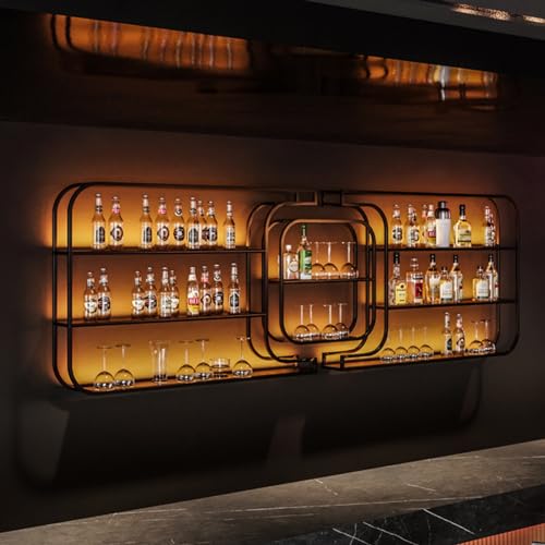 Modern Wine Storage Rack Large Wall Mounted With LED Light With Wine Glass Holder,Iron Bar Liquor Shelf, Floating Wall Wine Shelves,Bar Liquor Bottle Display Shelf For Kitchen Bar Decoration ( Size :