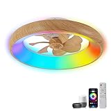 Low Profile Ceiling Fans with Lights, Dimmable Smart RGB Ceiling Fan with Alexa/Google Assistant/App/Remote Control, 6-Speeds Reversible Woodgrain LED Ceiling Fan for Bedroom Kitchen Foyer