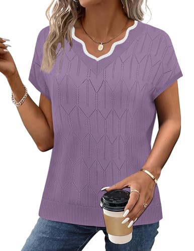 Image of WIHOLL Womens Summer Tops Cap Sleeve Sweater V Neck Shirts Beach Vacation Clothes Business Casual Fashion Clothing