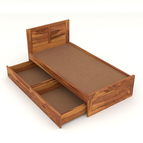 Image of Solid Sheesham Wood Single Size Bed with 2 Drawer Storage Wooden Single Cot Bed for Home Living Room Bedroom Guest Room Hotel (Honey, Size 6 * 4)