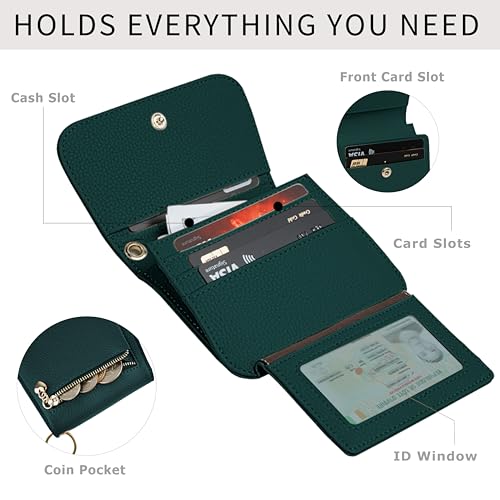 Image of Women Small Wallet RFID Blocking Slim Wallet with Coin Pocket Tri-Fold Credit Card Holder with ID Window and Keychain (Dark Green)