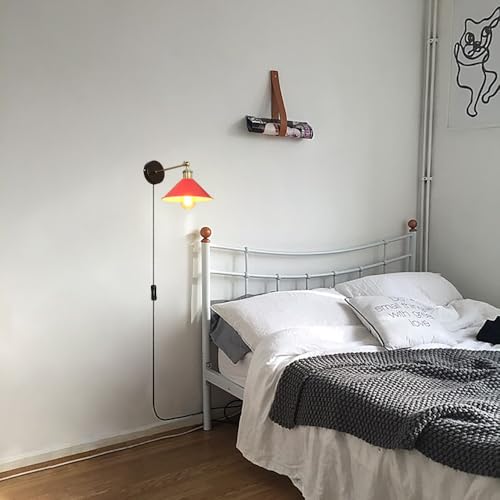Image of ANYE Wall Sconce UL Plug-in Cord Bronze E26 Base Retro Minimalist Style Macaron Red Iron Shade Wall Light Fixture for Cabinet Kitchen Hotel Bulb Sold Separately