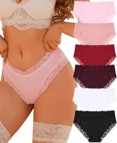 Image of Knowyou Cotton Underwear for Women No Roll Soft Panties No Dig Lace Waist Hipster Breathable Cheeky Lingerie for Women
