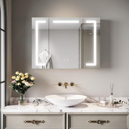 SIRHONA Armoire de Salle de Bain avec Miroir 80x60cm, Armoire de Toilette Miroir et LED éclairage avec Prise, L'installation cachée est Possible, Armoire à Pharmacie,...