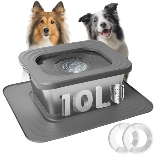 Umisu Ciotola Acqua Cane Antigoccia, 10L Grande Capacità Ciotola in Acciaio Inox con Disco Anti Ingozzamento, Antitrabocco e Antiscivolo con Tappetino Sottociotola per Interno ed Esterno, Grigio