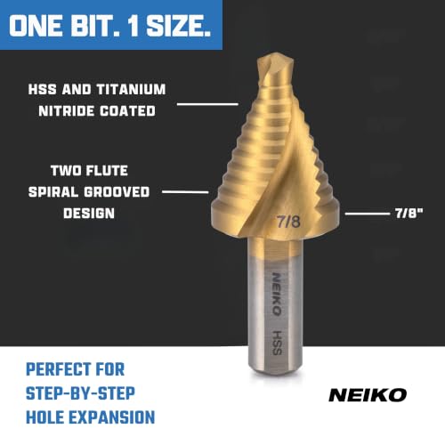 Image of NEIKO 10619A Step Drill Bit, 1 Step 7 /8 inch Spiral High Speed Steel, Titanium Nitride Coated, 3 /8 inch Tri-Flat Step Bits for Steel, Metal, Wood, Plastic, Unibit Cone Drill Bits, Two Flute
