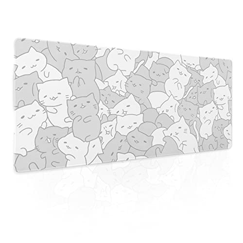 Image of White Kawaii Cats Gaming Mouse Pad XL Cute Anime Kittens Japanese Extended Big Large Desk Mat Non-Slip Rubber Base Stitched Edge Long Keyboard Mousepad for PC Computer Laptop,31.5x11.8 Inches