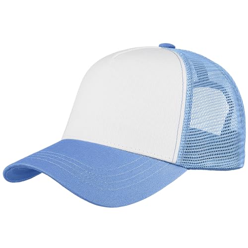 Falari 5-Panel Mesh Baseball Cap Trucker Hat Structured Plain Design Cotton Adjustable Size - Sky Blue
