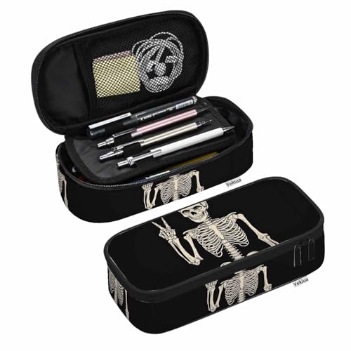 Yekiua Human Skeleton Posing Pen Bag Rock Roll Skull Boho Hippie Large Pencil Case Big Capacity Pencil Pouch Pencil Holder Black
