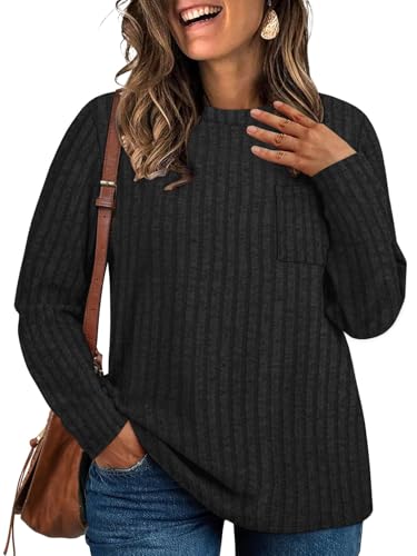 VISLILY Womens-Plus-Size-Tunic-Tops Casual Long Sleeve Crew Neck Shirts Striped Knitted Lightweight Sweaters with Cute Pocket
