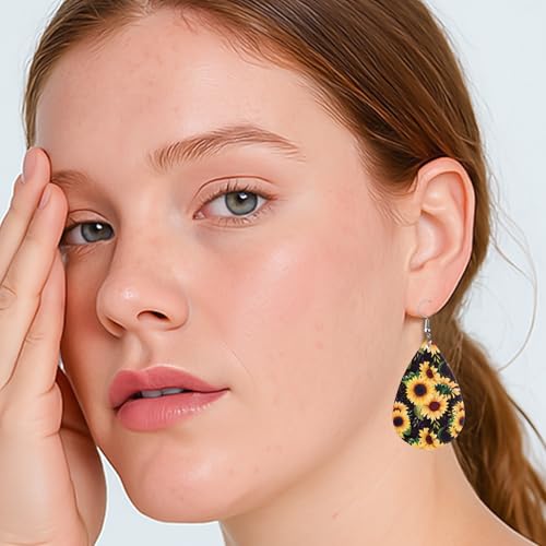 Sunflower Earrings for Women Leather Teardrop Dangle Drop Jewelry Outfits Accessories3