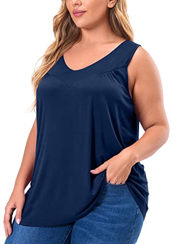 Ayifu Womens Plus Size Tunic Tank Tops Sleeveless Pleated Front V Neck Shirts (Navy Blue, 18W) #TOP1