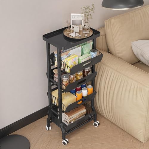Ornestia Carrito de Cocina con Ruedas, cestas deslizantes y Rodillos; Organizador Estrecho con Bandeja Deslizante para Cocina, baño o lavandería; Negro
