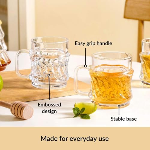 Image of Nestasia Transparent Glass Tea Cups Set of 6 (165ml Each) - Dishwasher Safe & 100% Food Safe Chai Cups with Handle for Coffee, Tea, Hot & Cold Beverages | Twisted Swirl Embossed Design