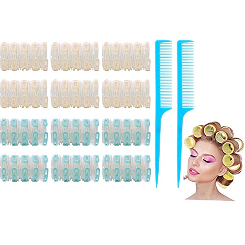 Yousha 12Pcs Hair Rollers Sets- Self Grip Plastic Hair Curlers - Jumbo Size Rollers for Women Long or Medium Hair ( 6Pcs Beige Rollers + 6Pcs Blue-Green Rollers + 2Pcs Rat Tail Combs)