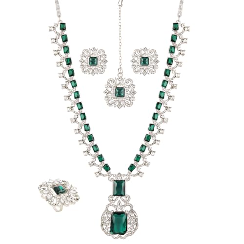 Shining Diva Fashion Nita Ambani Traditional Latest Stylish Design Jewelry Maang Tikka Ring Earrings Necklace Jewellery Set for Women (16072s) (Green)