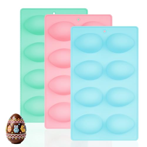 Ishua Egg Molds Set of 3 for Easter 8 Cavities Silicone Egg Pan Baking Supplies for Cake Decorating Chocolate Candy (3 Pink Green and Blue)