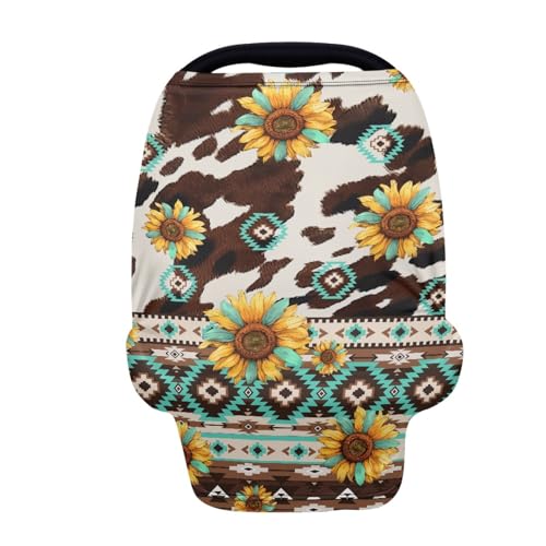 Image of JOAIFO Vintage Aztec Sunflower Print Baby Nursing Cover Toddler Boy Girls Breastfeeding Canopy Breathable Infant Stroller Cover Car Seat Canopy