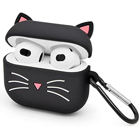Mouzor Cute AirPods 3 Case (2021), Black Whisker Cat AirPods 3rd Generation (2021) Case Funny 3D Cartoon Animal Shockproof Soft Silicone Charging Case Cover with Carabiner for Kids Girls Women Cover