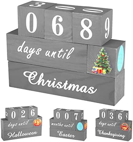 Christmas Countdown Blocks, Wooden Christmas Countdown Calendar, Halloween Countdown Calendar, Reversible Countdown Calendar to Christmas, Halloween, Thanksgiving, Easter Decor, Home Party Office Desk Decoration Gift
