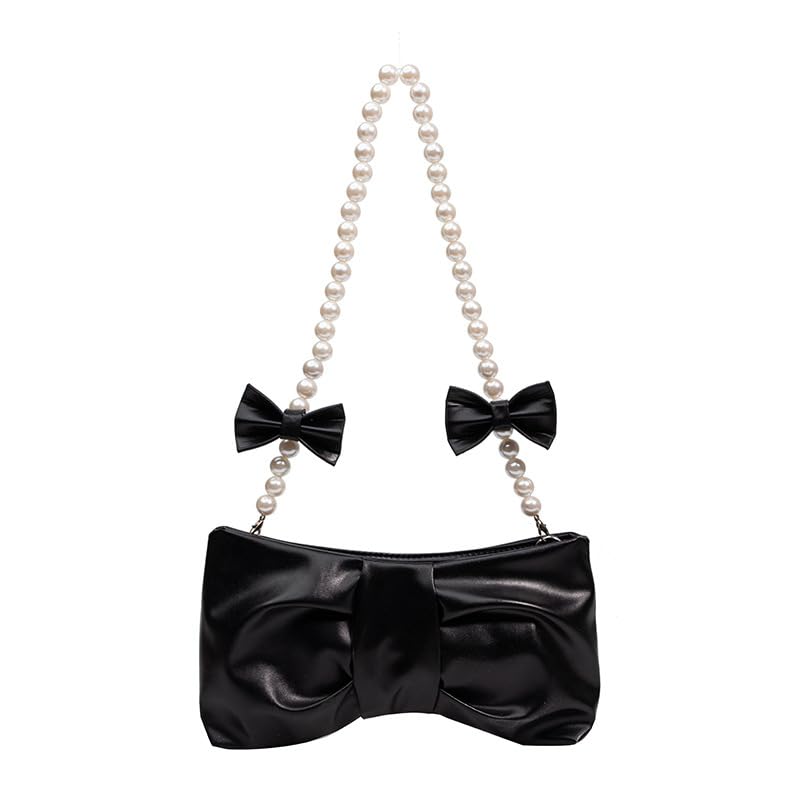 24X10CM Kleine Zwarte Parel Boog Parel Dolly Tassen voor Bruiloft Avondfeest Satijn Tas, Vrouwen Clutch Bruidsmeisje Handtas, Mysterieus Zwart