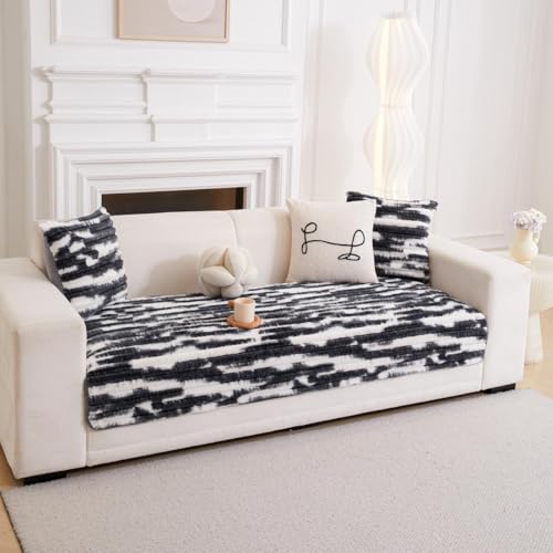 Image of HOMETHREADS 600GSM Thick & Soft Rabbit Fur Plush Sofa Cover-Luxurious Cozy Slipcover, Washable & Pet-Friendly, Anti-Scratch Protector for Sofas (Faux Linning White Black, 3 Seater | 180x70cm)