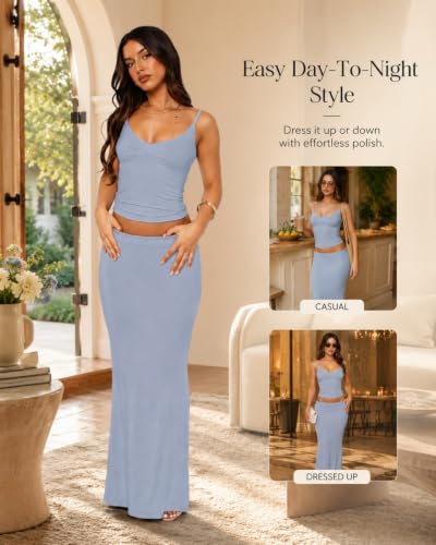 Image of Two Piece Skirt Set Women Maxi Long Skirt and Top Outfit | Soft stretchy 5 pc, slim bodycon, adjustable spaghetti straps, ruched crop tank, elastic waist, going out, beach vacation