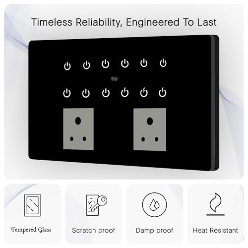 Image of IOTICS Smart Wifi Switch Board: 12 x Switch & 2 Smart Plug Module. Touch Control, Remote, App Control. Voice Control with Alexa & Assistant. Smart Touch Switch Board For Home Automation (Black)
