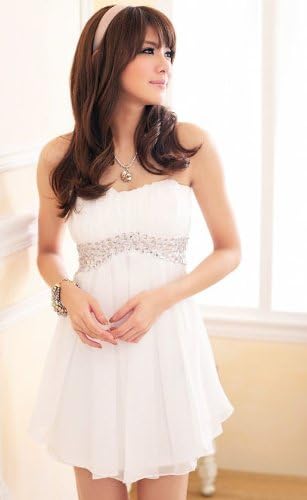 Amazon Co Jp アンフィニ Infini ビジュー付ベアトップ シフォンパーティードレスワンピース 紫 杏 白 フリーサイズ 結婚式 2次会 白 ファッション