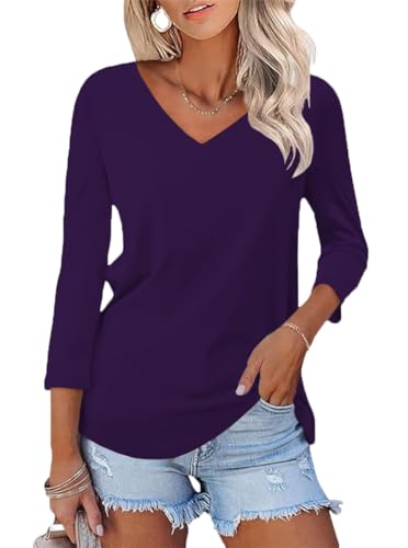 Poetsky レディース Vネック 七分袖 Tシャツ カジュアル ルーズ ベーシック トップス 夏 Tシャツ ブラウス, ダークパープル, X-Large（Amazon）