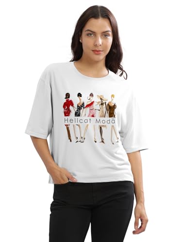 Image of HELLCAT Beige Printed Loose Fit Crew-Neck Crop T-Shirt for Women