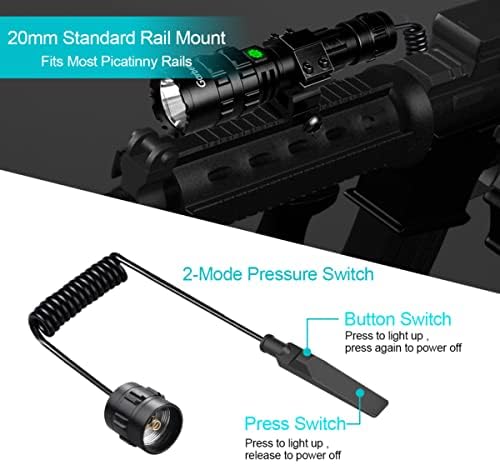 2 in 1 L2 LED Tactical Flashlight with Picatinny Rail Mount and Tactile Pressure Switch, USB Rechargeable 3000 Lumens Super Bright 5 Modes Waterproof Scout Weapon Light for Outdoor Camping Hunting