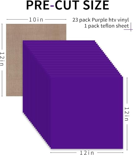 Image of HTVRONT HTV Heat Transfer Vinyl Bundle: 24 Pack 12 inchx12 inch Purple Iron on Vinyl Sheets for T-Shirt (1 PTFE Sheet Included), Purple PU HTV Vinyl Easy to Cut & Weed for Heat Design