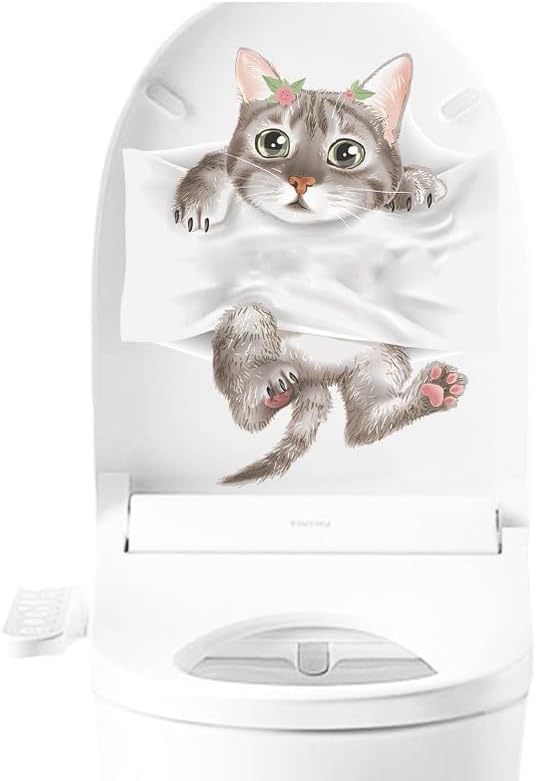 Cartoon Cute Cat Toilet Cover Sticker Decals,Animal Cats Flower Leaf Waterproof Toilet Lid Tank Seat Decals Cistern Self-Adhesive Bathroom Wall Sticker