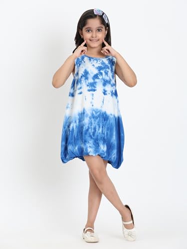 Image of Maaesa Girls' Tie Dye Rayon Staple Blue Dress | Sleeveless | Round Neck | Soft & Breathable | Casual
