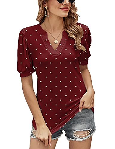 Romanstii Women Tees and Tops Short Sleeve Ruffle V Neck Tunic For Casual Wear,Wine Polka Dot,L