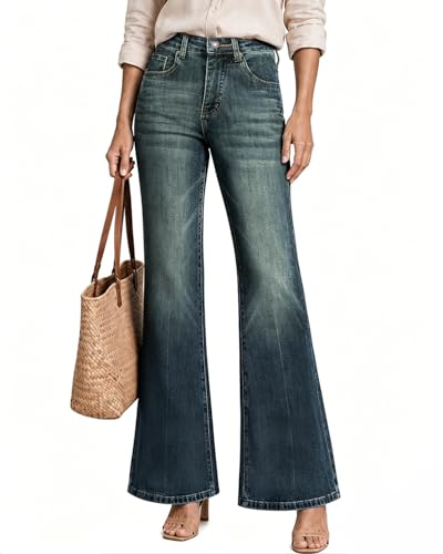 UPNET Womens High Waisted Bell Bottom Jeans Wide Leg Flare Bootcut Denim Pants w/Tummy Control Stretchy Trendy 2025 (US Numeric 12 Regular Regular Vintage Blue)