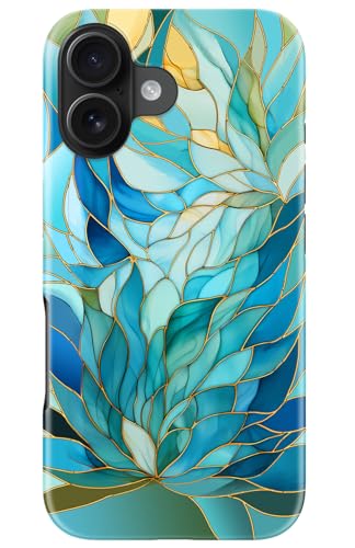 Image of Goodon for iPhone 16 Plus Case Cute - Wireless Charging Compatible - Dual-Layer Hard Shell + Silicone Cover - Protective Phone Case with Trendy Designs for Women - Blue Leaves Flower