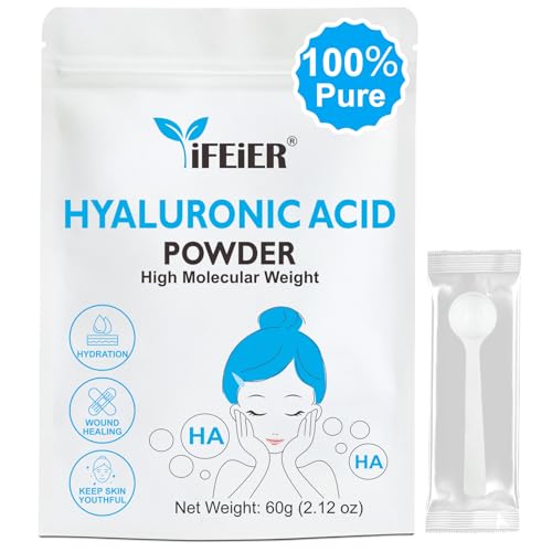 iFEiER Hyaluronic Acid Powder | High Molecular Weight Hyaluronic Acid Serum Powder | 60g(2.12oz) Cosmetics Grade | Sodium Hyaluronate HA | LMW HMW Hyaluronic Acid ingredient for DIY Serums