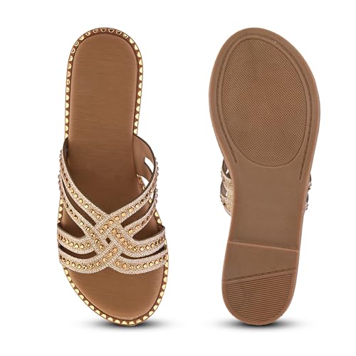Image of Centrino Women's Beaded Flat Sandals| Open Toe Stylish Slip-On Sandals for Ladies | Metallic Crisscross Straps with Soft Cushioned Footbed for Comfort | Lightweight Casual Fashion Footwear (9305)