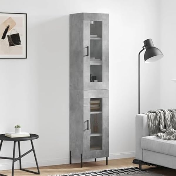 Highboard betonowa szara z materiału drewnopochodnego z żelaznymi nogami, 34,5 x 34 x 180 cm, miejsce do przechowywania z drzwiami i półką, komoda do salonu, korytarza, biura i sypialni