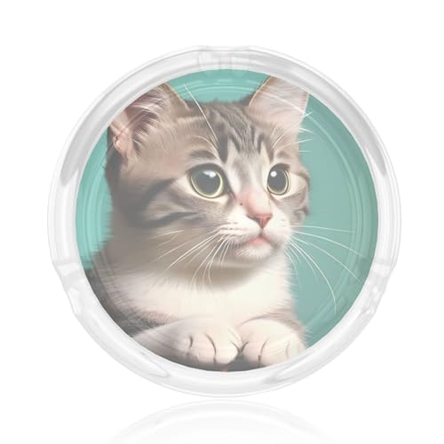 Cendrier rond en verre avec motif chat curieux, un accessoire élégant, durable et élégant pour la maison ou le bureau.