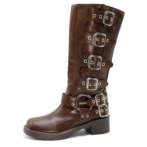 unsylvion Knee High Boots For Women Stylish and Comfortable Footwear for Any Occasion Square Toe Fashion Buckle Chunky Heel, Brown, 9