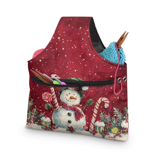 Image of KUIFORTI Snowman Candy Crochet Bag Yarn Storage Tote Christmas Knitting Bag and Totes Organizer for Crocheting on The Go Portable Size S