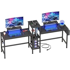 Furologee 2 Person Gaming Desk with LED Lights, 71 Inch Computer Desk with Power Outlets and Monitor Stand, Double Desk with Storage Bag and Headphone Hooks, Study Writing Table for Home Office, Black