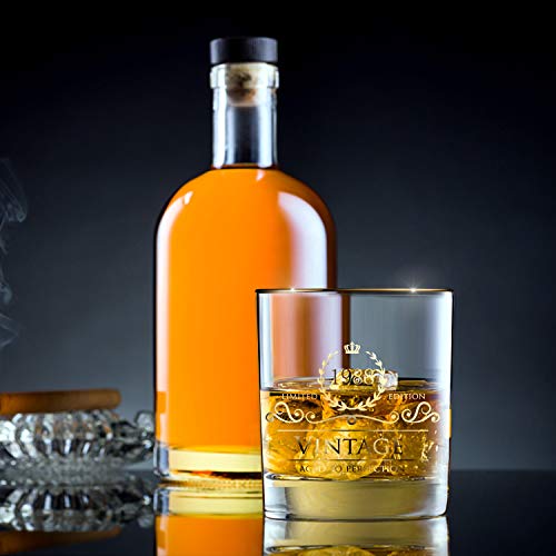 Lovinpro 1988 37th Birthday Gifts for Men/Dad/Son, Vintage Unfading 24K Gold Hand Crafted Old Fashioned Whiskey Glasses, Perfect for Gift and Home Use - 10 oz Bourbon Scotch, Party Decorations