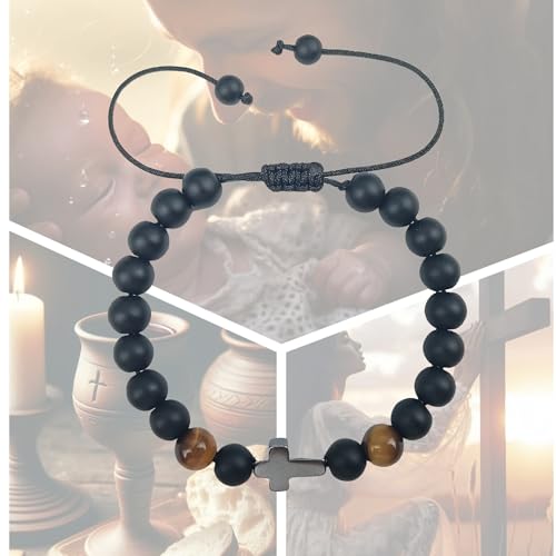 Image of Adjustable Cross Beaded Bracelet for Baptism First Communion-Tigers Eye Omamori Lucky Charm Gift .Feng Shui Bracelet.