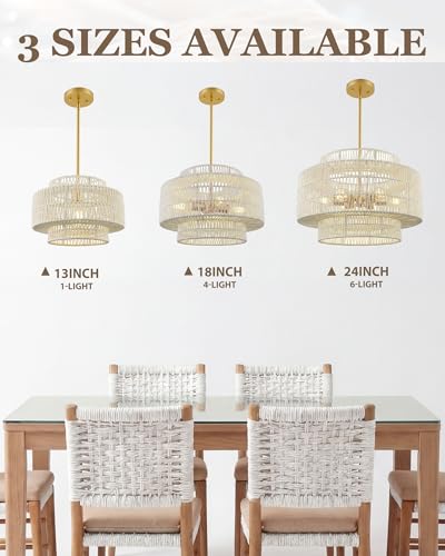 Image of 18 inch Boho Rattan Chandelier, Gold, AD-25050-4P-WH | 4-Light 3-Tier Hand Woven Dining Room Light Fixture, White Pendant Lights for Living Room Kitchen Island, Adjustable Height