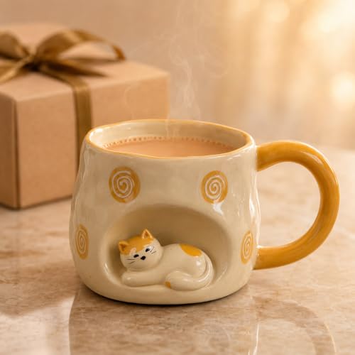 Image of 3D Sleeping Cat Mug with Gift Box | Cute Ceramic Coffee & Tea Cup for Cat Lovers, Women and Girls | 200 ml, Orange